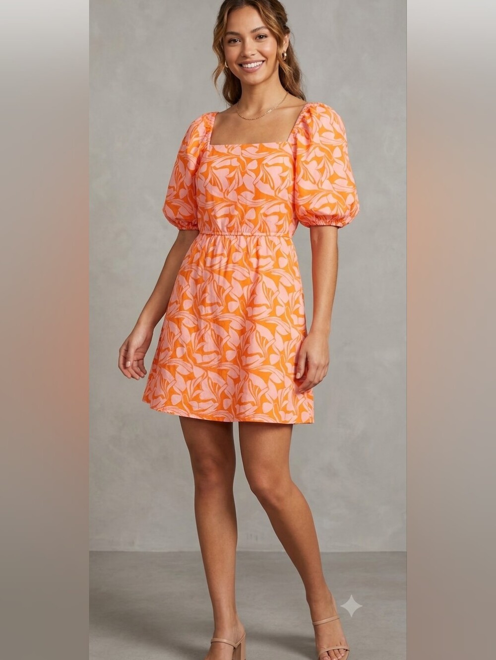 LOFT Orange Floral Puff-Sleeve Mini Dress